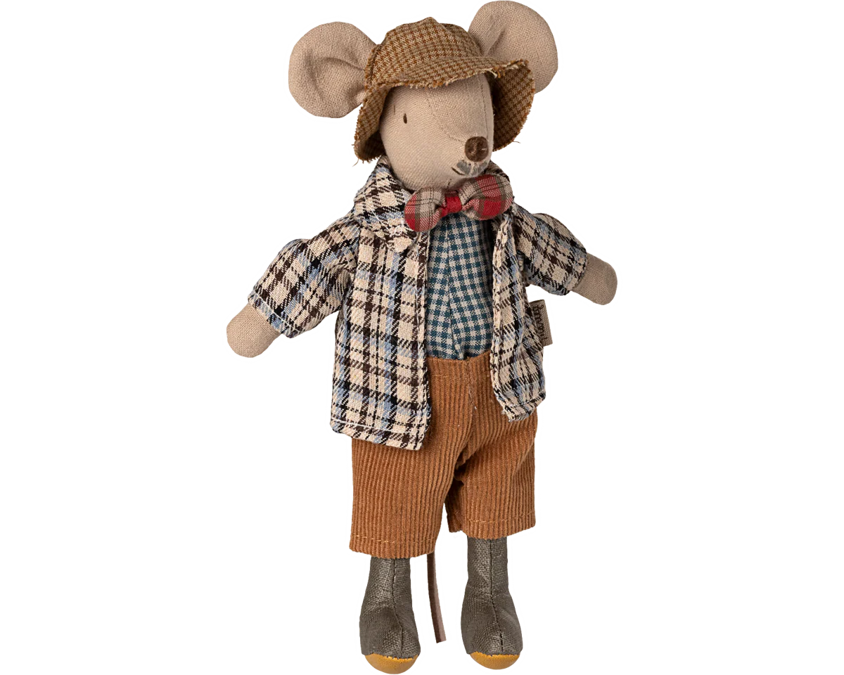 Stuffed mouse toy dressed in a plaid shirt, bow tie, and brown pants on a white background | Maileg UK