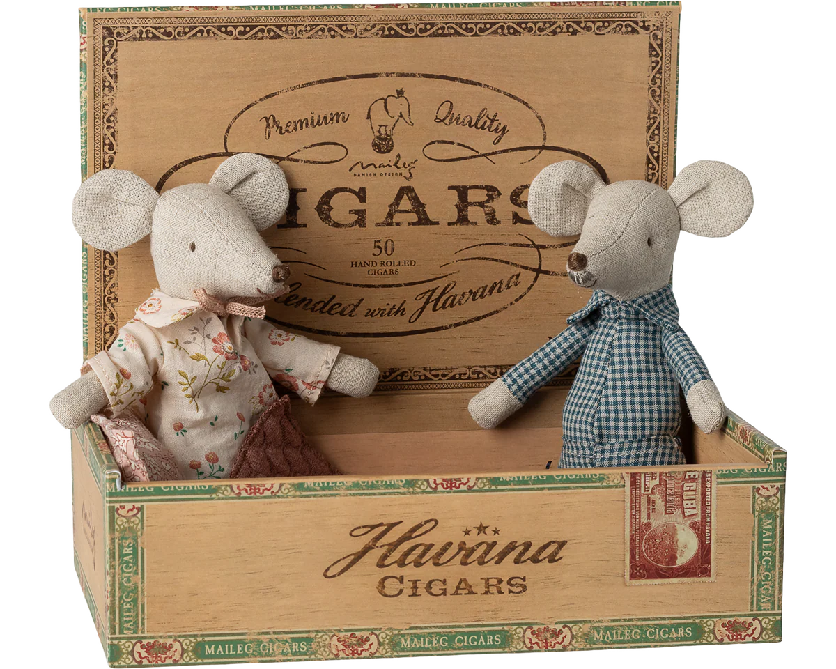 Grandma and grandpa mice in cigarbox