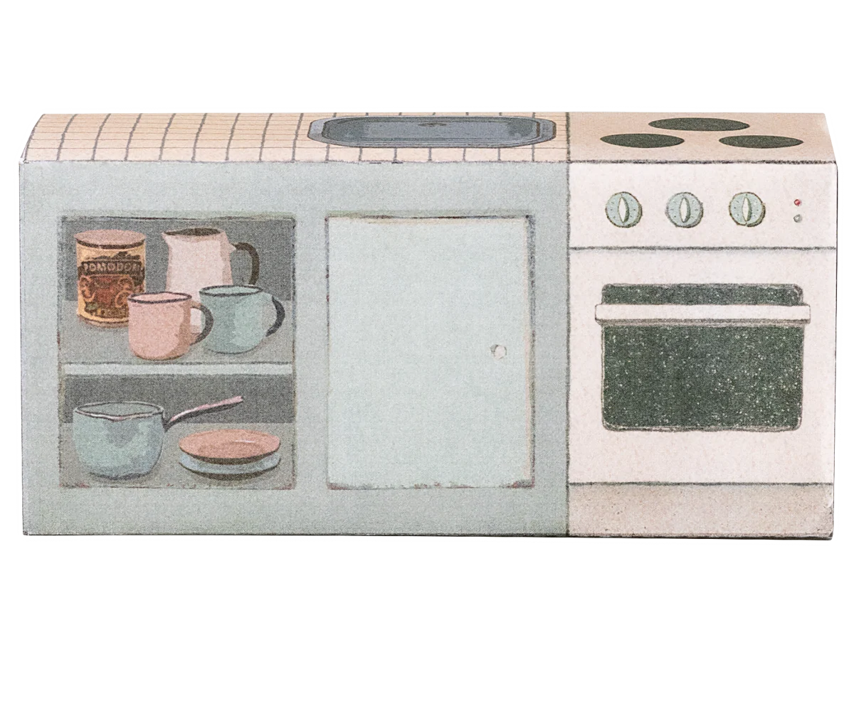 Illustration of a kitchen stove with pots and pans on a white background | Maileg UK