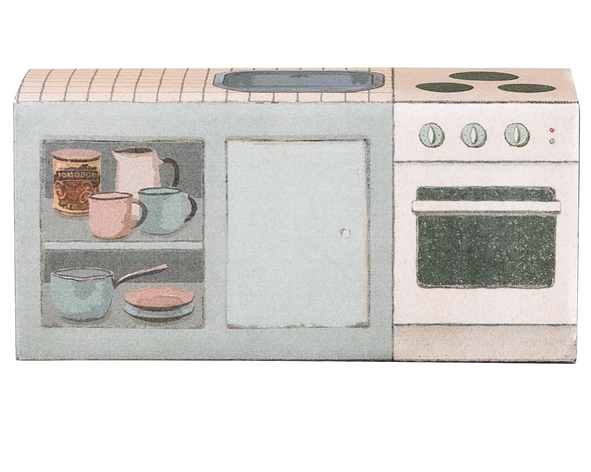 Illustration of a kitchen stove with pots and pans on a white background | Maileg UK