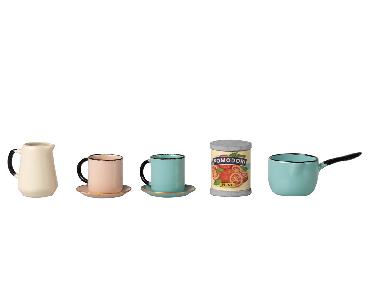 Set of ceramic kitchenware items including mugs, a pitcher, and a pot on a white background | Maileg UK