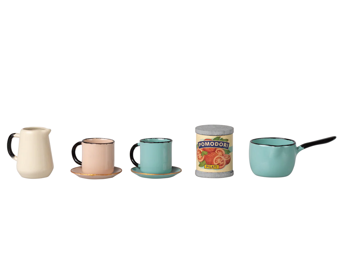 Set of ceramic kitchenware items including mugs, a pitcher, and a pot on a white background | Maileg UK