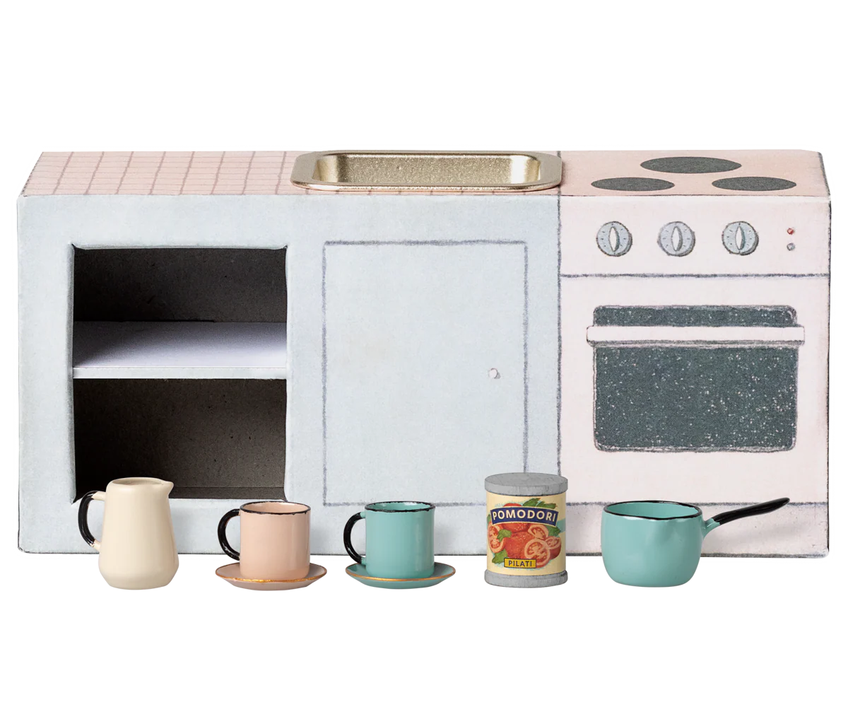 Miniature kitchen set with stove, sink, and various kitchen items on a white background | Maileg UK
