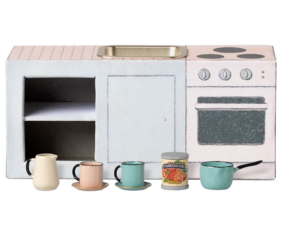 Miniature kitchen set with stove, sink, and various kitchen items on a white background | Maileg UK