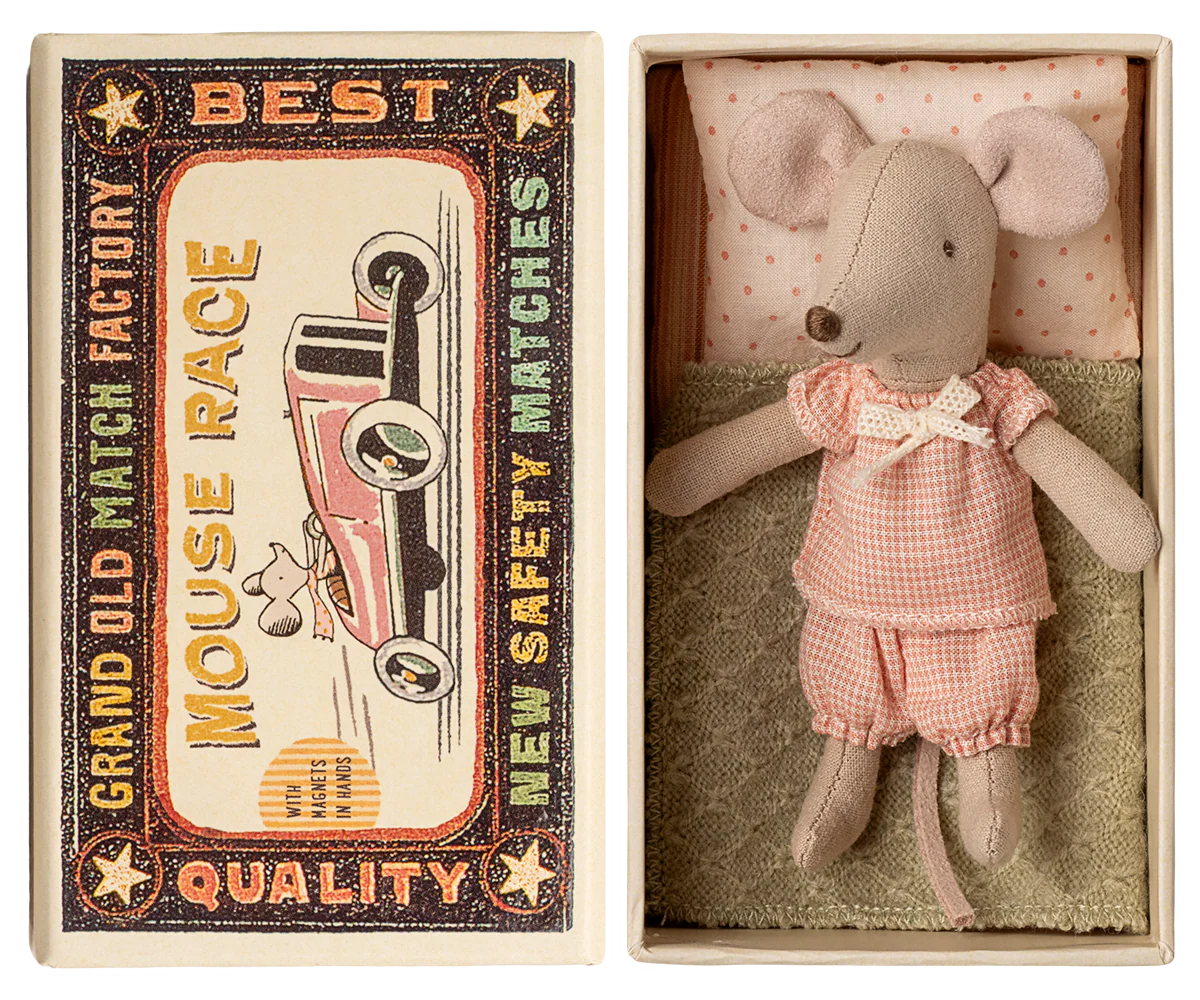 Stuffed mouse toy in a matchbox with a vintage-style matchbox design. | Maileg UK