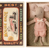 Stuffed mouse toy in a matchbox with a vintage-style matchbox design. | Maileg UK