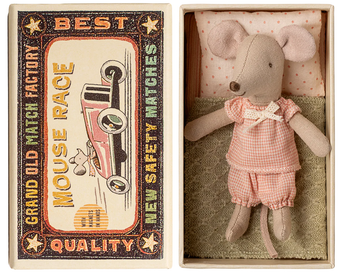 Stuffed mouse toy in a matchbox with a vintage-style matchbox design. | Maileg UK