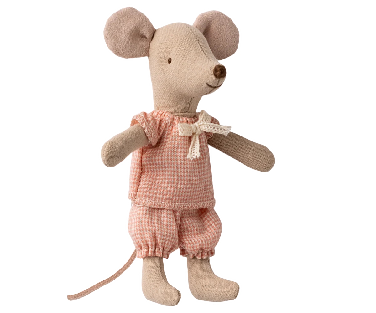 Stuffed mouse toy wearing a pink checkered outfit on a white background | Maileg UK