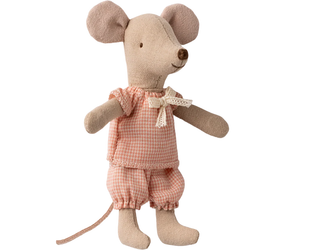 Stuffed mouse toy wearing a pink checkered outfit on a white background | Maileg UK