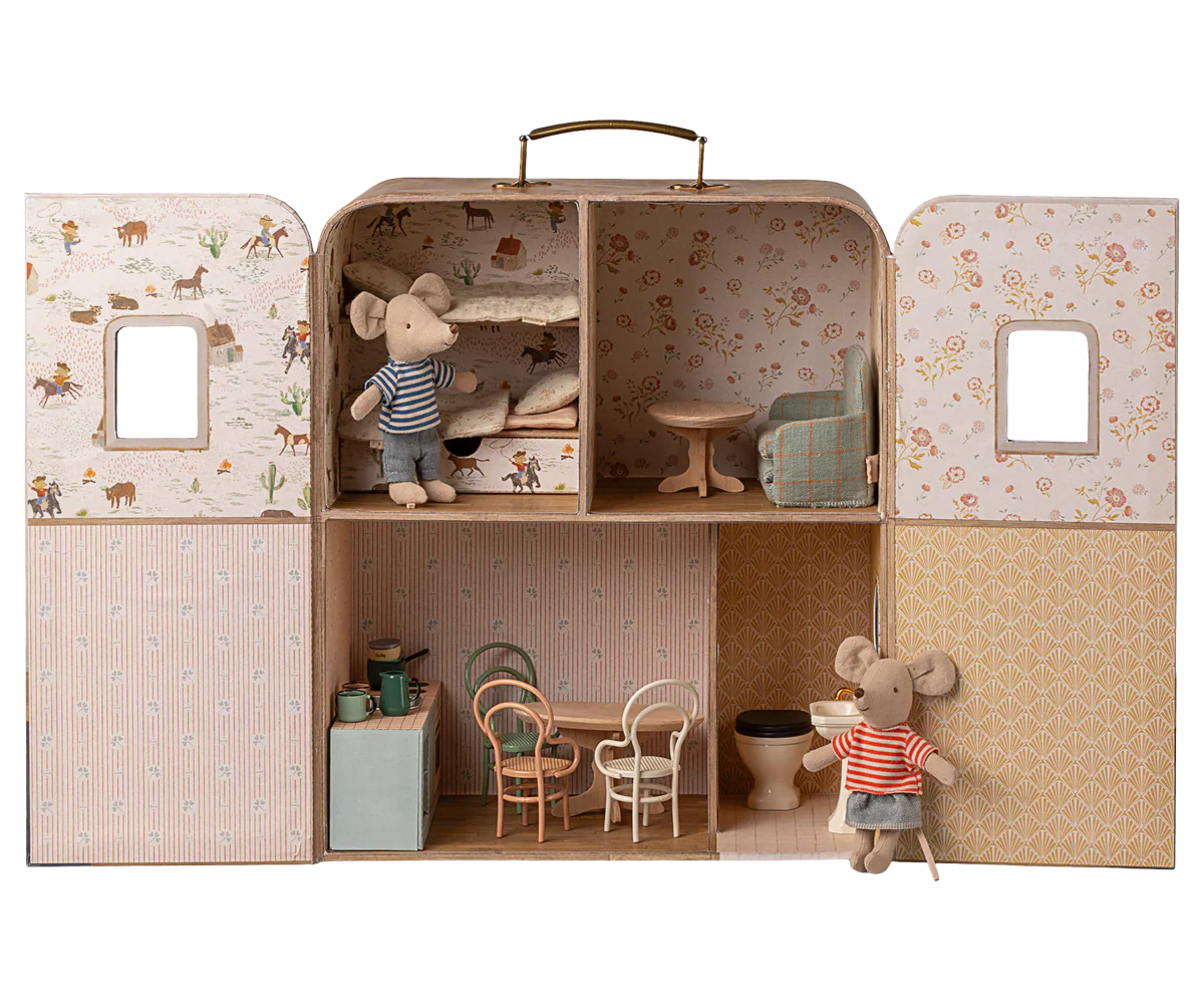 Toy suitcase with interior compartments and small furniture pieces, including teddy bears. | Maileg UK