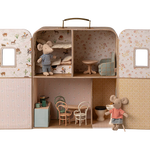Toy suitcase with interior compartments and small furniture pieces, including teddy bears. | Maileg UK