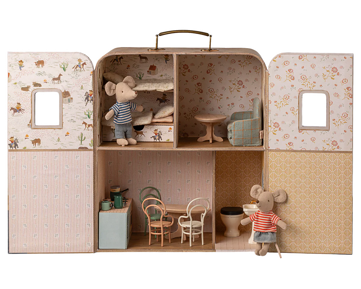 Toy suitcase with interior compartments and small furniture pieces, including teddy bears. | Maileg UK