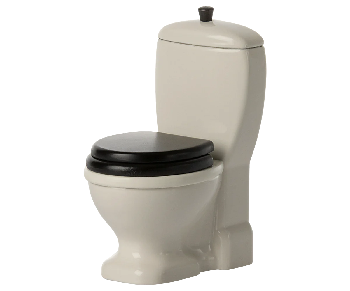 Mouse size white toilet with black lid and pull flush | Maileg UK