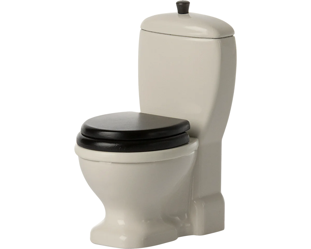 Mouse size white toilet with black lid and pull flush | Maileg UK