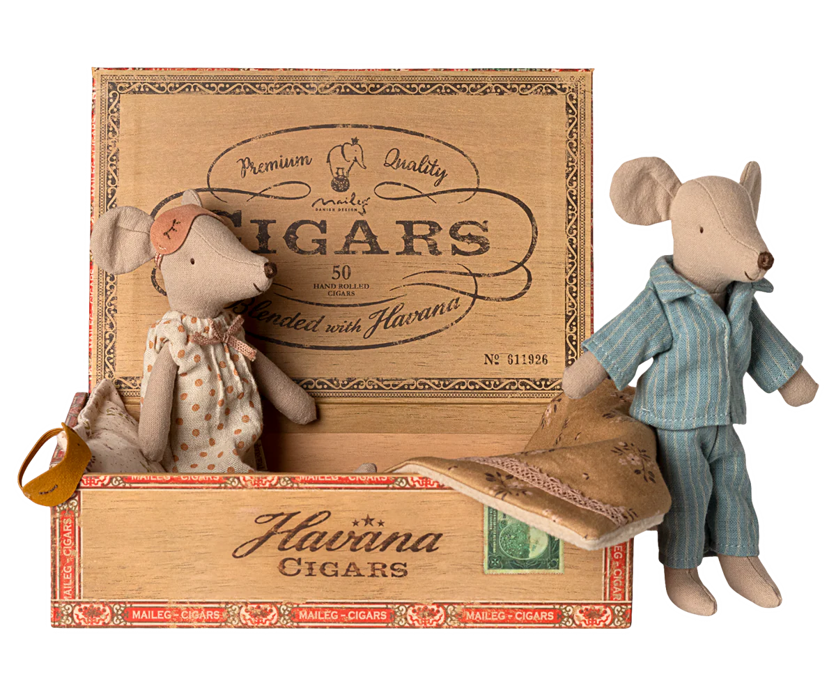 Two toy mice inside a wooden Havaina Cigars box on a white background | Maileg UK