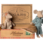 Two toy mice inside a wooden Havaina Cigars box on a white background | Maileg UK