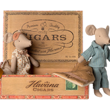 Two toy mice inside a wooden Havaina Cigars box on a white background | Maileg UK