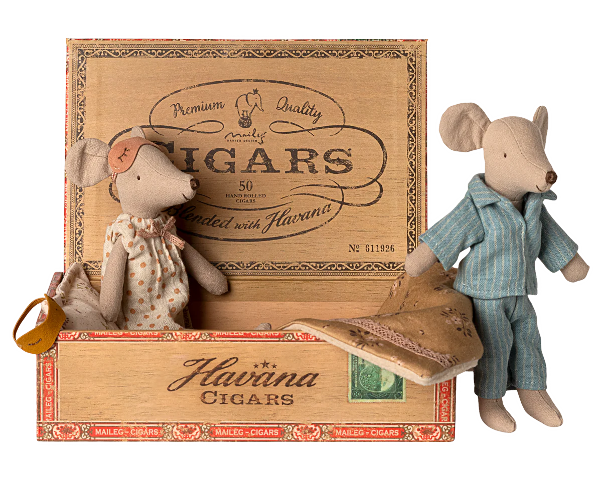 Two toy mice inside a wooden Havaina Cigars box on a white background | Maileg UK
