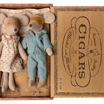 Two toy mice, a girl in a dress and a boy in overalls, inside an open cigar box with decorative text. | Maileg UK
