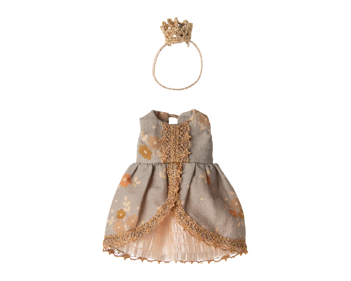 Miniature mouse dress with gold accents and a matching crown on a white background | Maileg UK