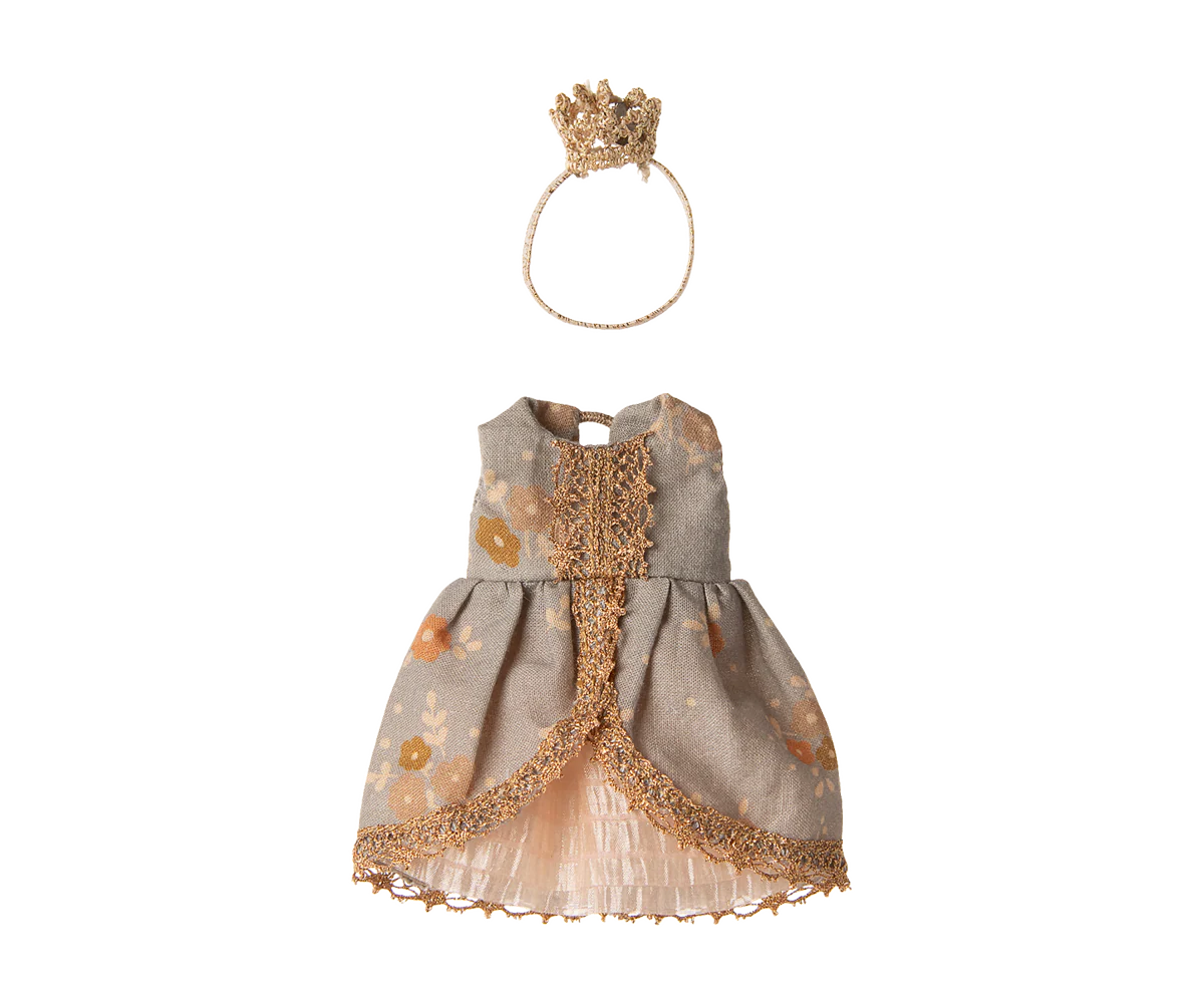 Miniature mouse dress with gold accents and a matching crown on a white background | Maileg UK