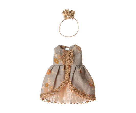 Miniature mouse dress with gold accents and a matching crown on a white background | Maileg UK