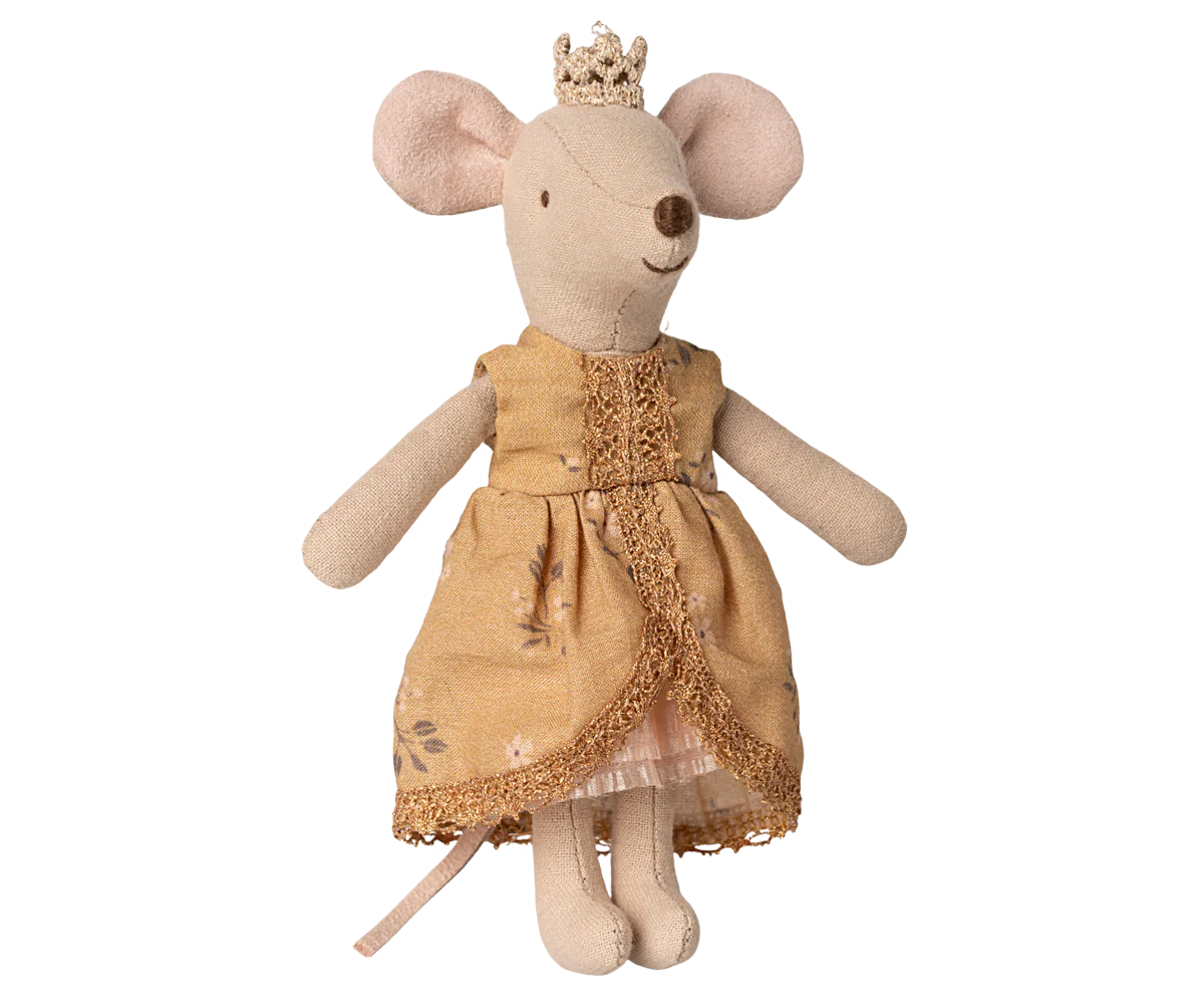 Stuffed mouse toy wearing a yellow dress and crown on a white background | Maileg UK