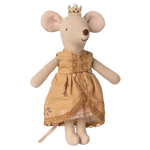Stuffed mouse toy wearing a yellow dress and crown on a white background | Maileg UK