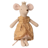 Stuffed mouse toy wearing a yellow dress and crown on a white background | Maileg UK