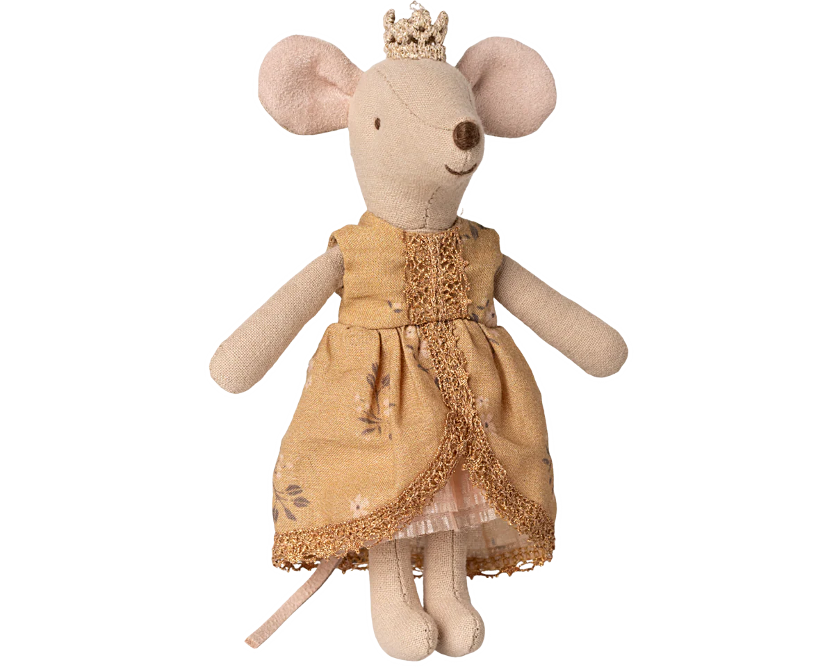 Stuffed mouse toy wearing a yellow dress and crown on a white background | Maileg UK