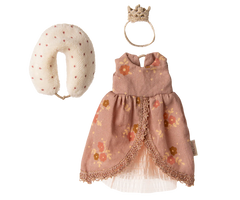 Mouse miniature dress with floral pattern, white headband, and beige pillow on a white background | Maileg UK