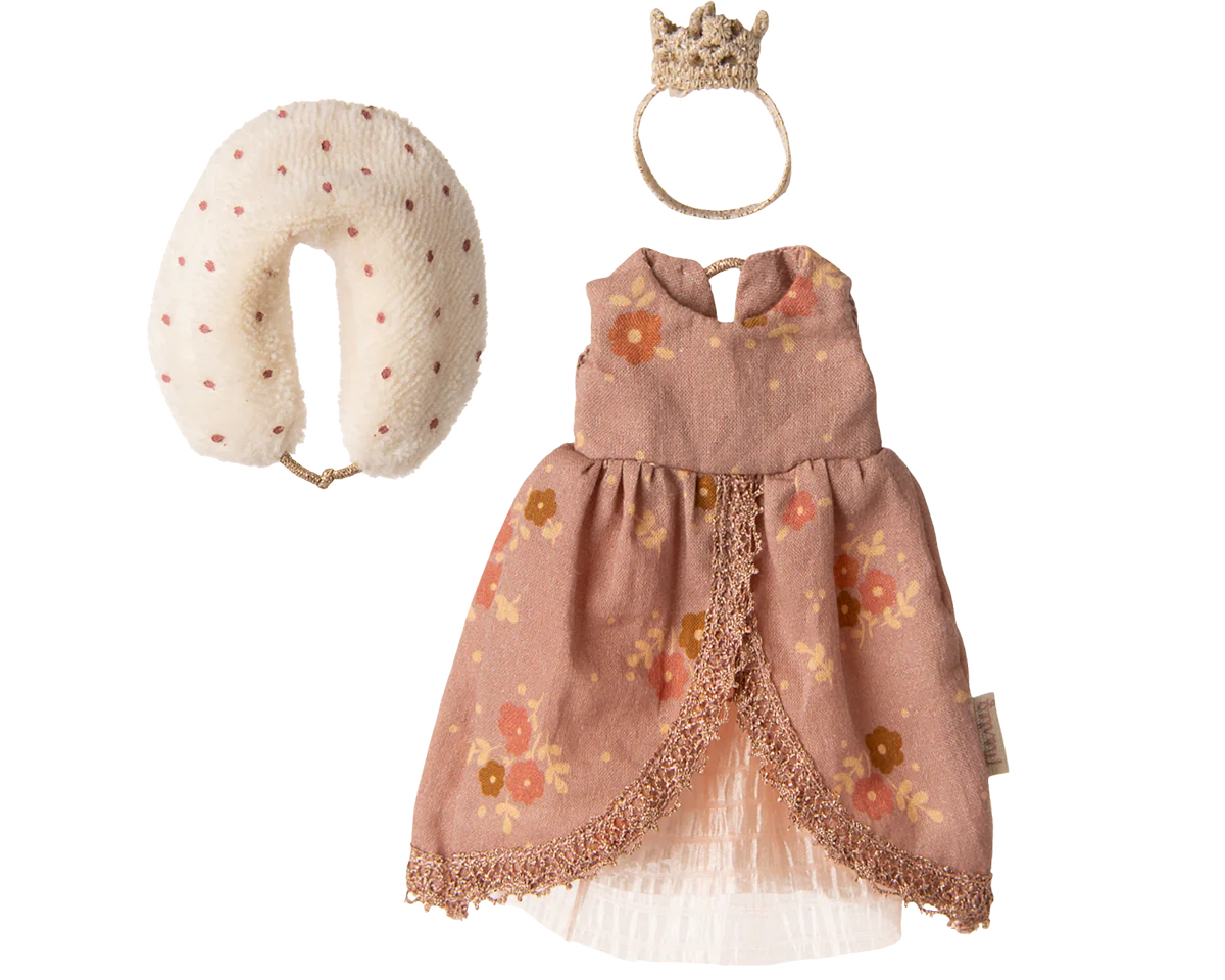 Mouse miniature dress with floral pattern, white headband, and beige pillow on a white background | Maileg UK
