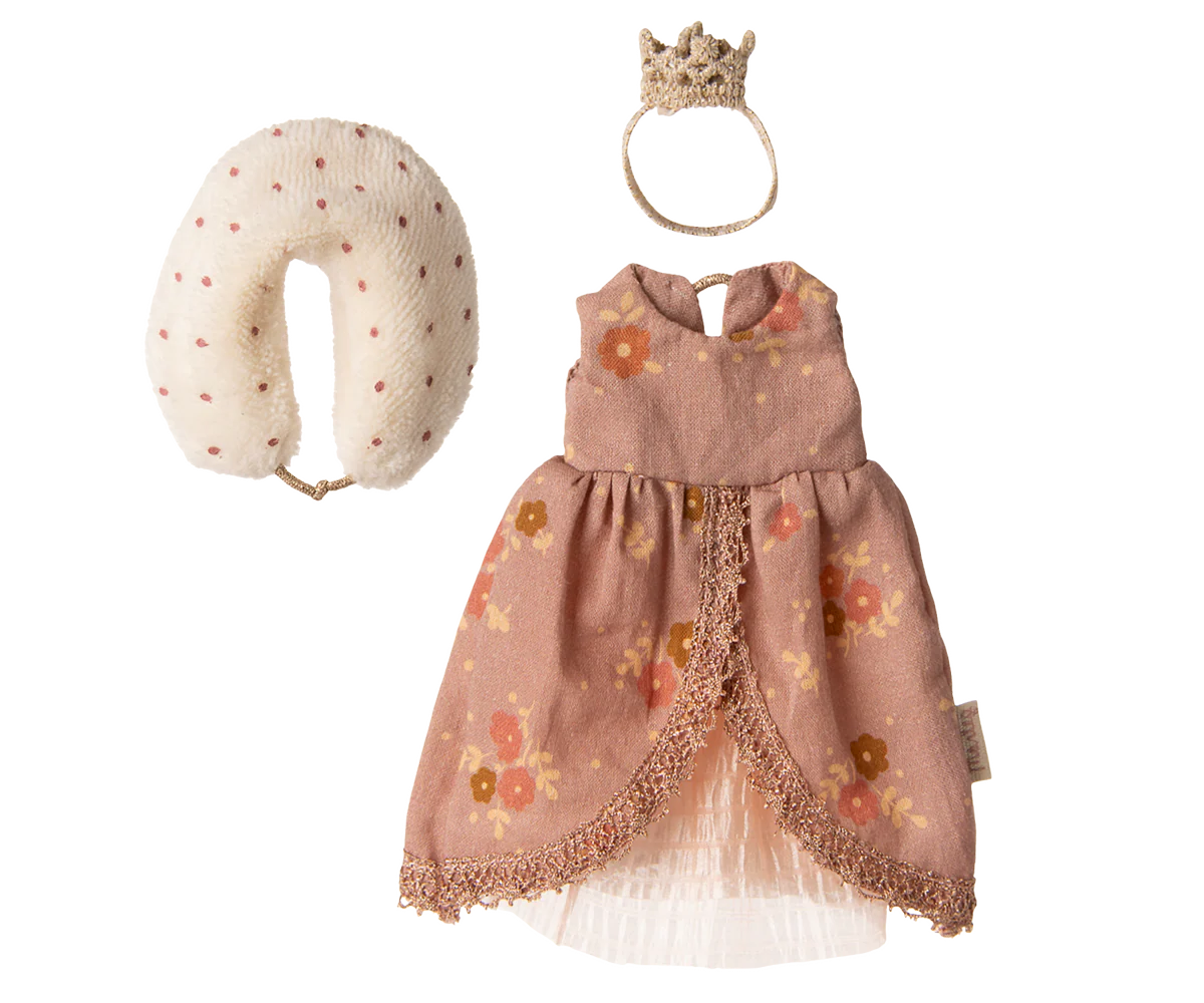 Mouse miniature dress with floral pattern, white headband, and beige pillow on a white background | Maileg UK