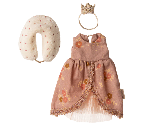Mouse miniature dress with floral pattern, white headband, and beige pillow on a white background | Maileg UK