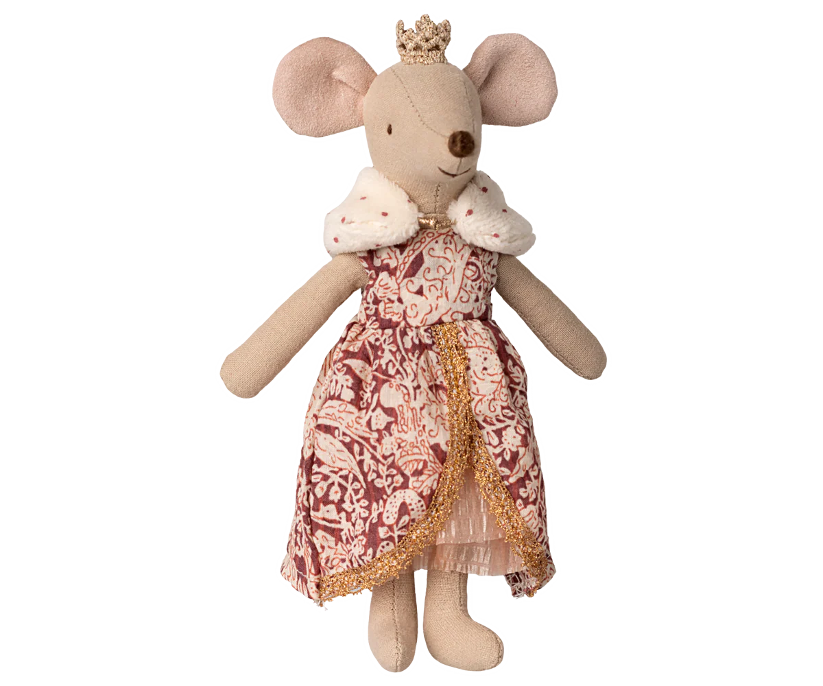 Stuffed mouse toy with a patterned dress and crown on a white background | Maileg UK
