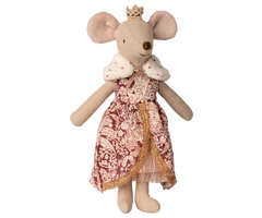 Stuffed mouse toy with a patterned dress and crown on a white background | Maileg UK