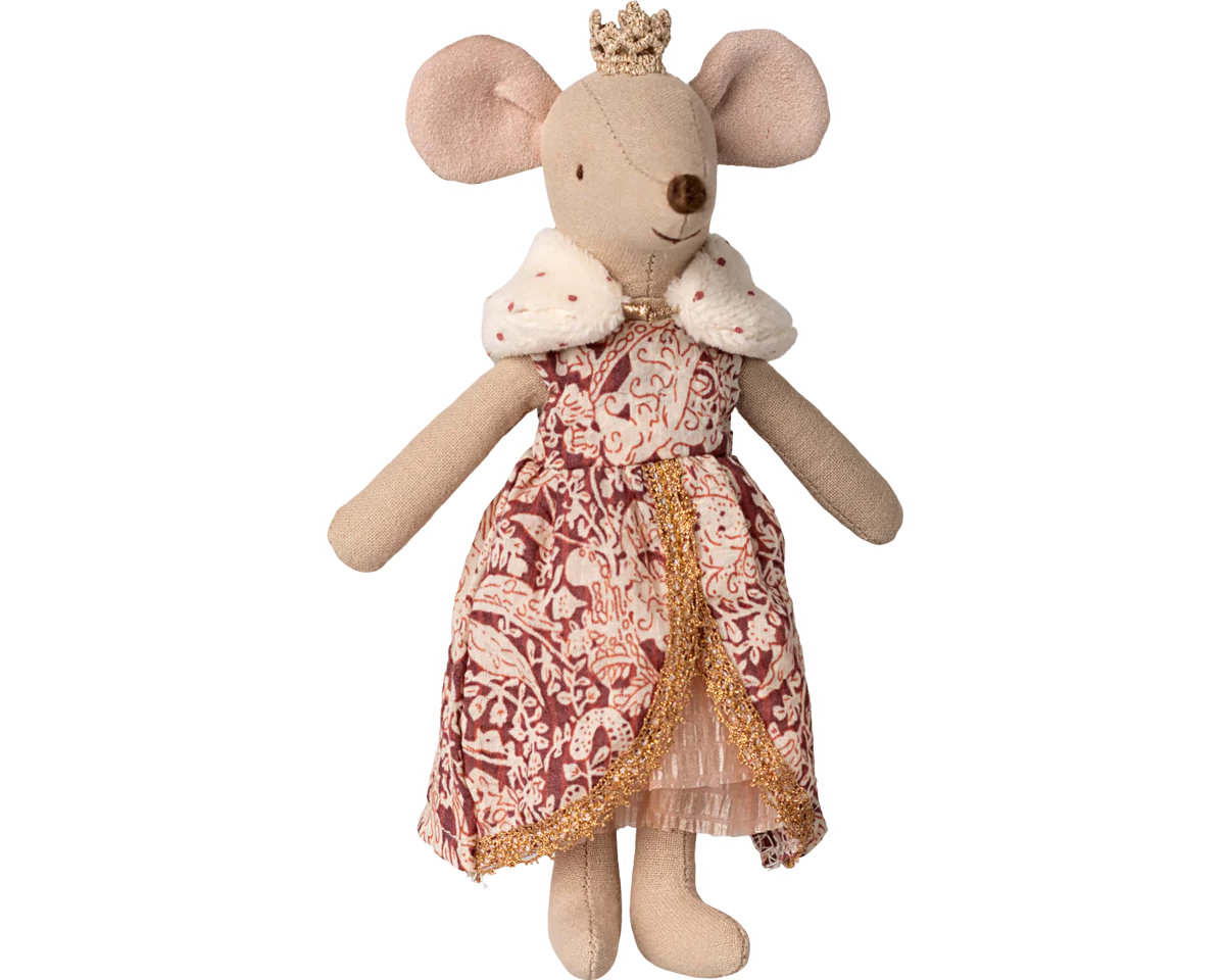 Stuffed mouse toy with a patterned dress and crown on a white background | Maileg UK