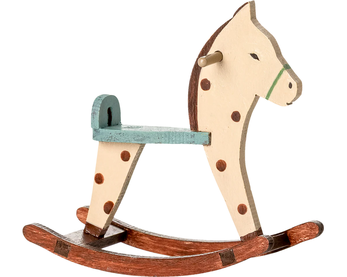Wooden rocking horse with a white face, brown spots, and a green mane on a white background. | Maileg UK