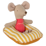Stuffed mouse toy with a red shirt on a yellow and white striped cushion | Maileg UK