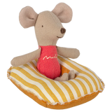 Stuffed mouse toy with a red shirt on a yellow and white striped cushion | Maileg UK