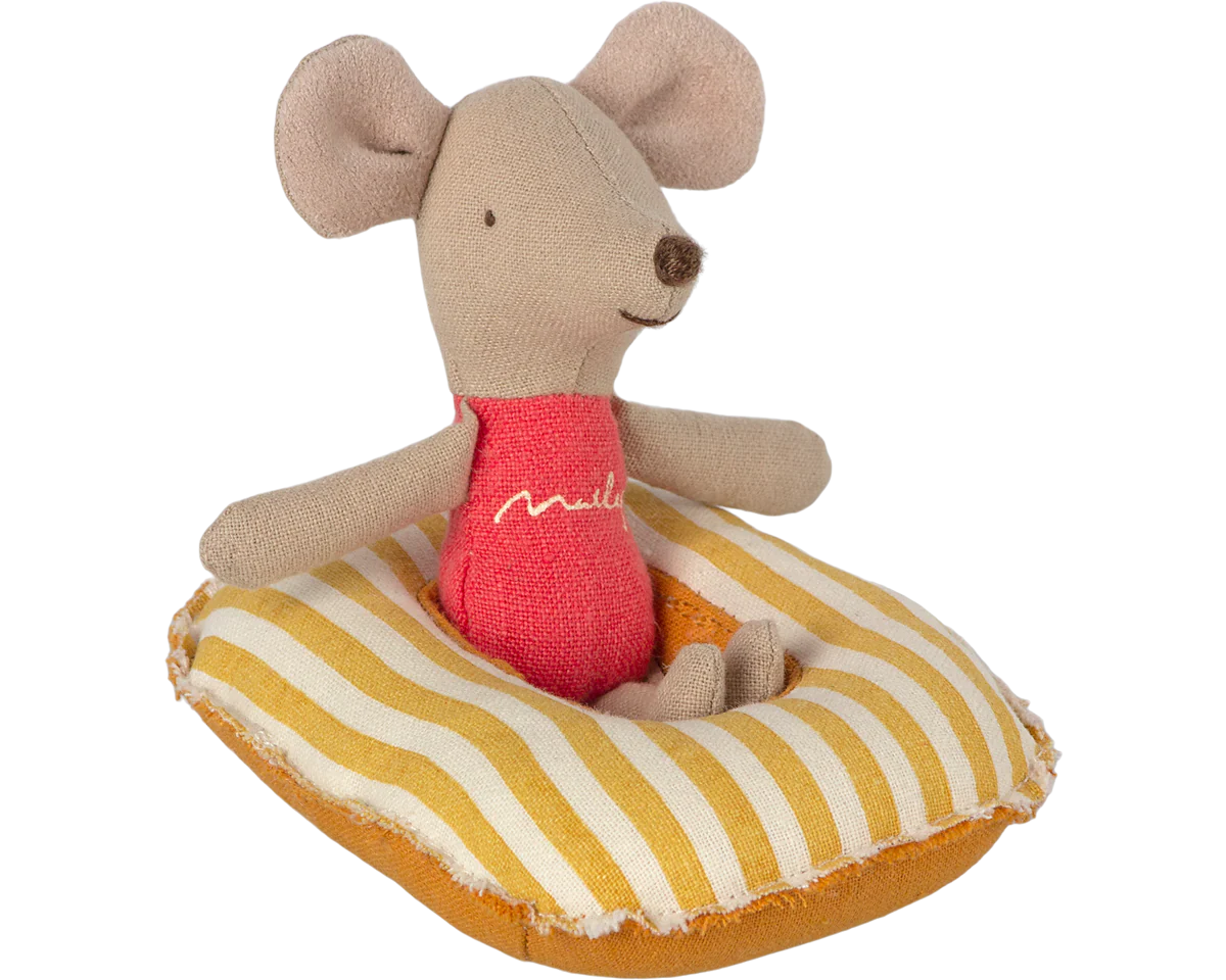 Stuffed mouse toy with a red shirt on a yellow and white striped cushion | Maileg UK
