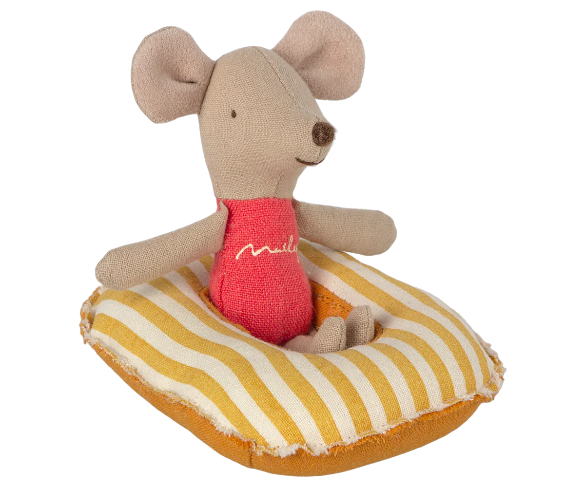 Stuffed mouse toy with a red shirt on a yellow and white striped cushion | Maileg UK