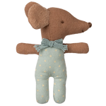 Stuffed toy mouse with a knitted bow tie and light blue outfit on a white background