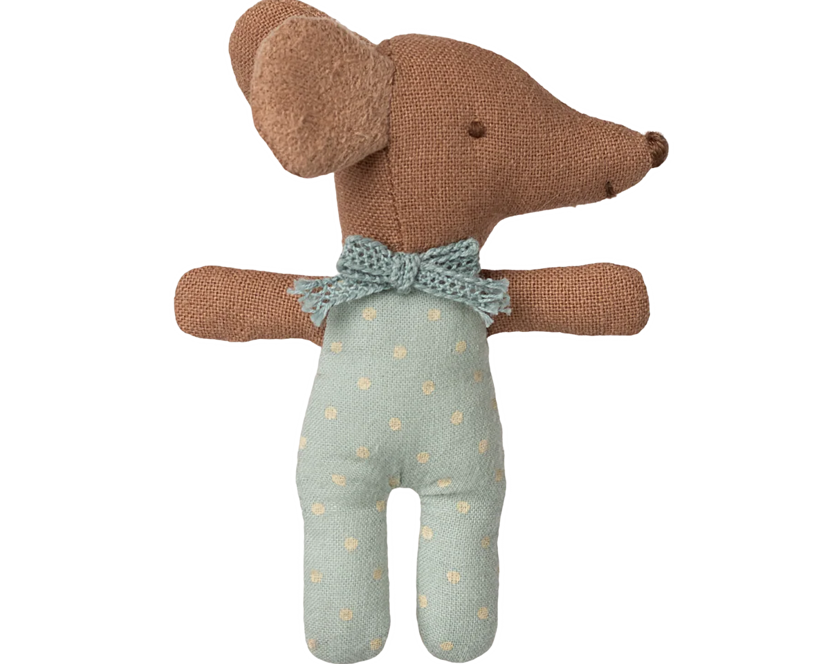 Stuffed toy mouse with a knitted bow tie and light blue outfit on a white background