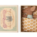 Small stuffed mouse toy in a decorative matchbox packaging with a vintage design.