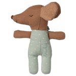 Stuffed toy mouse in a green outfit with gold polka dots on a white background