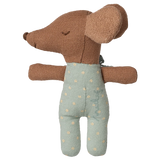 Stuffed toy mouse in a green outfit with gold polka dots on a white background