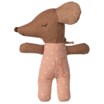 Brown plush toy with a pink outfit on a white background