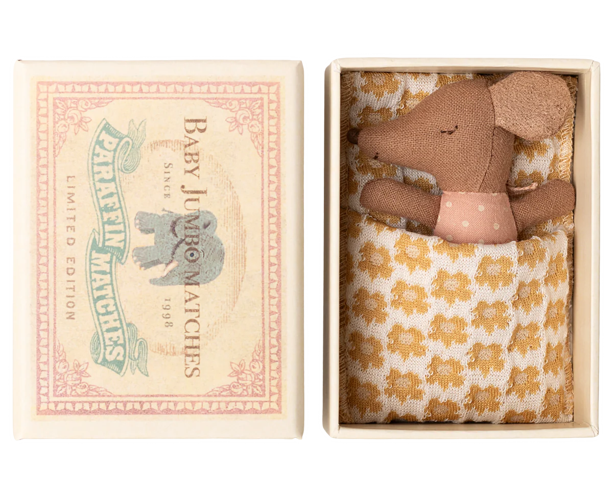 Small brown teddy bear in a decorative box with a floral pattern