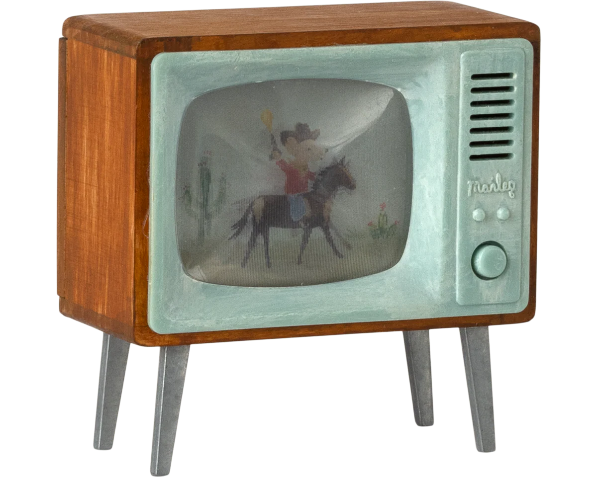 Vintage-style television with a cowboy on horseback on the screen | Maileg UK